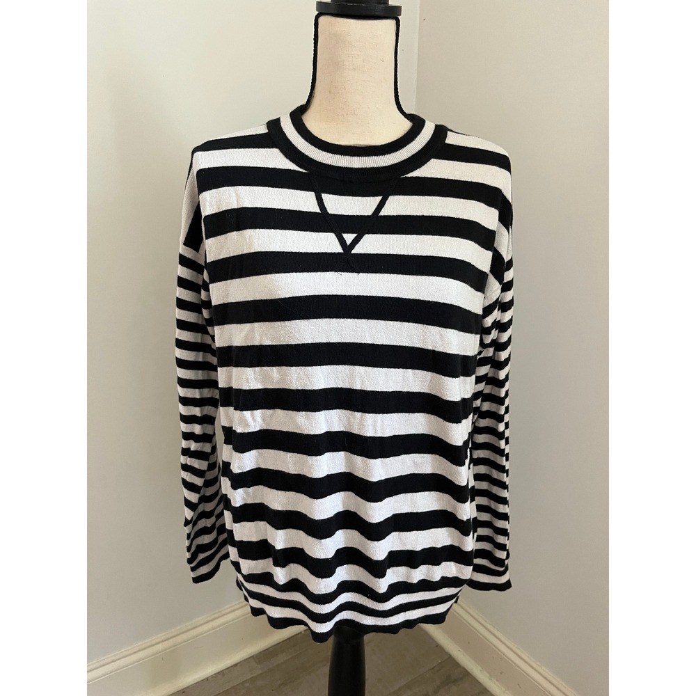 Crew Neck Tennis Prep Striped Sweater sz Medium Black White Cotton Coastal Chic